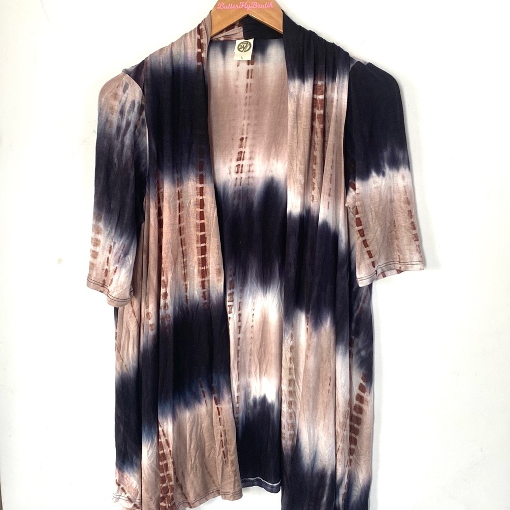 24/7 Comfort Apparel Women's Tie-Dye‎ Print Elbow-Sleeve Boho Cardigan, Size L